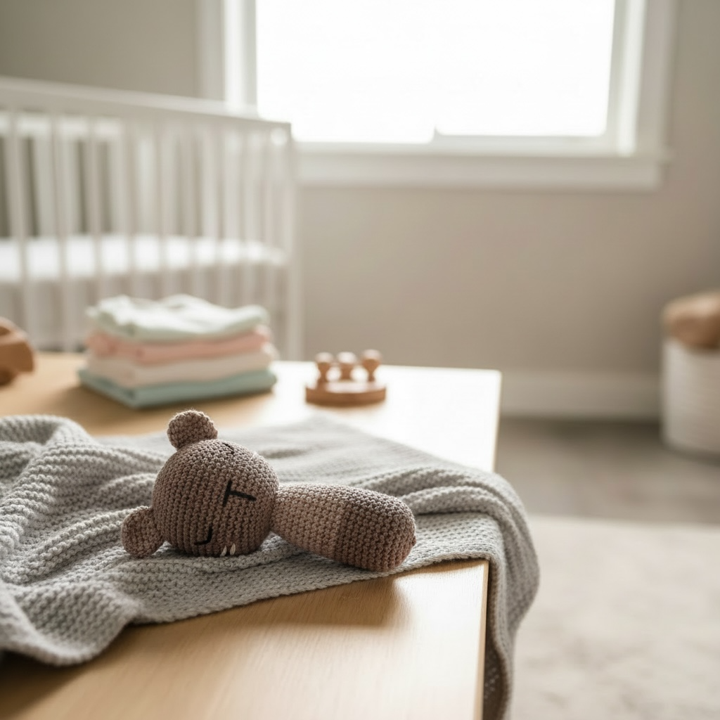 Woodland baby collection neutral nursery with soft baby toys and muslin blankets in calming tones
