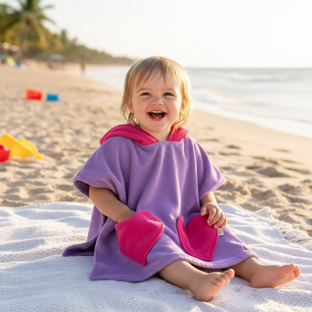 toddler in a hooded swim towel sitting on the beach