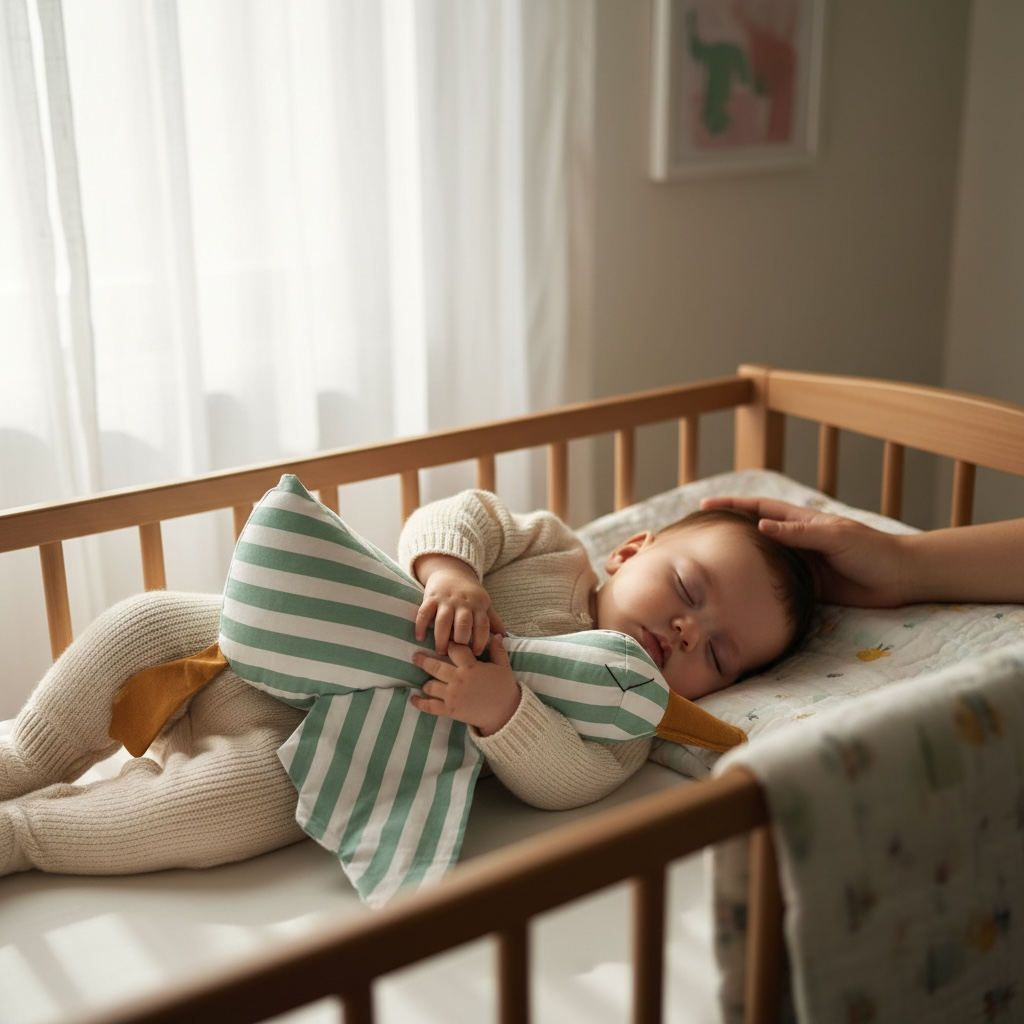 baby in a cot with a snuggle duck plush teddy 