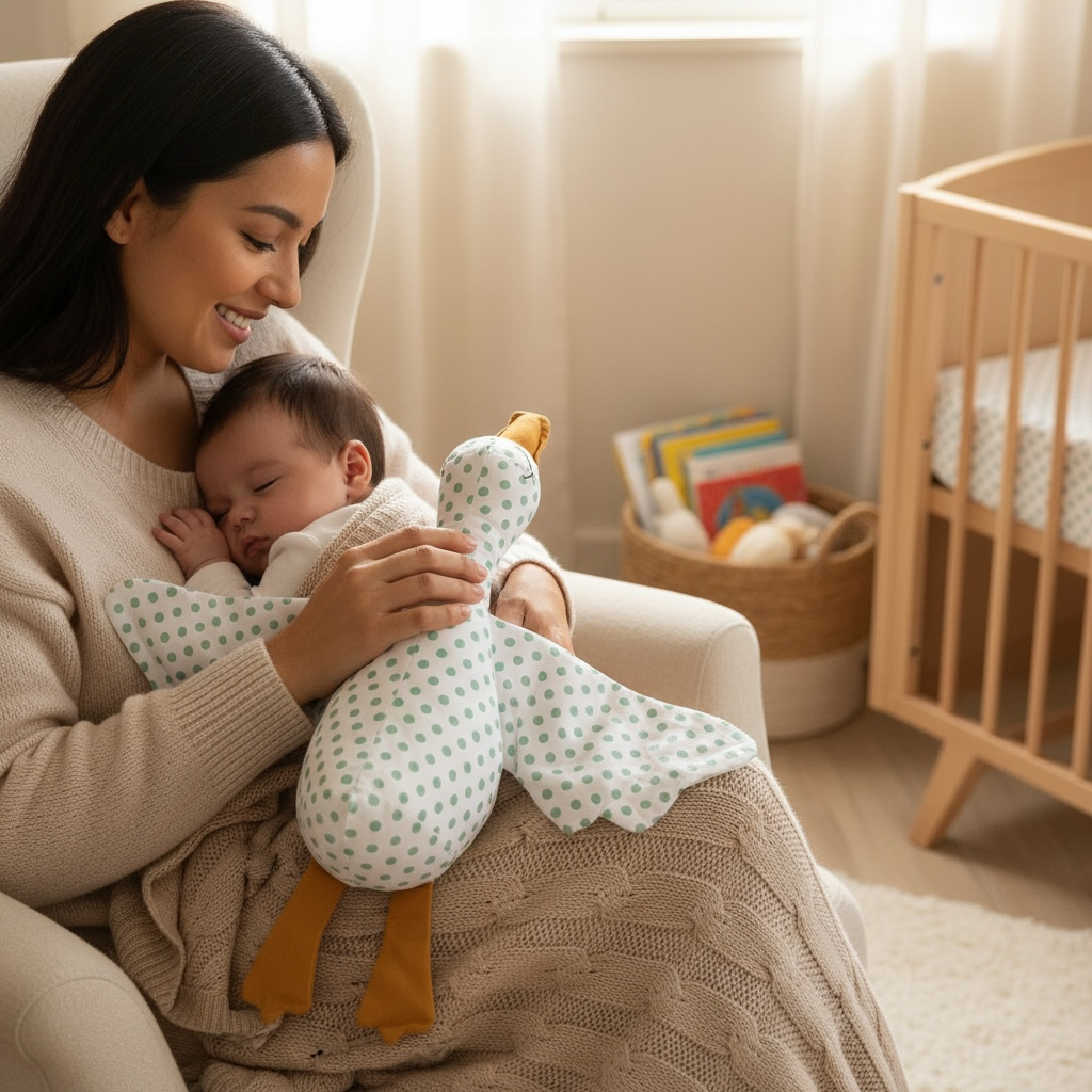 Mother holding newborn baby with soft plush toy in cozy nursery, gentle baby comfort and bonding moment