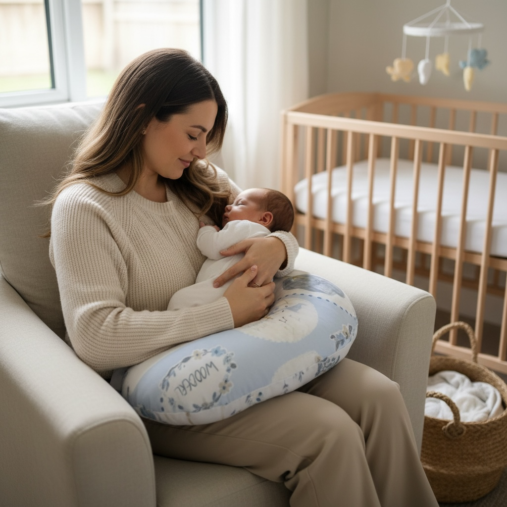 Mother holding a baby in a nursing pillow in a soft baby nursery 