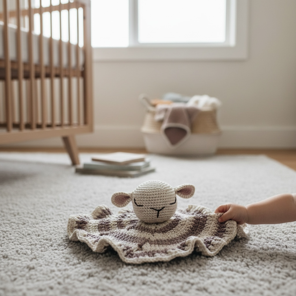 Handmade crochet lamb comforter for babies, soft neutral nursery toy perfect for newborn gifts