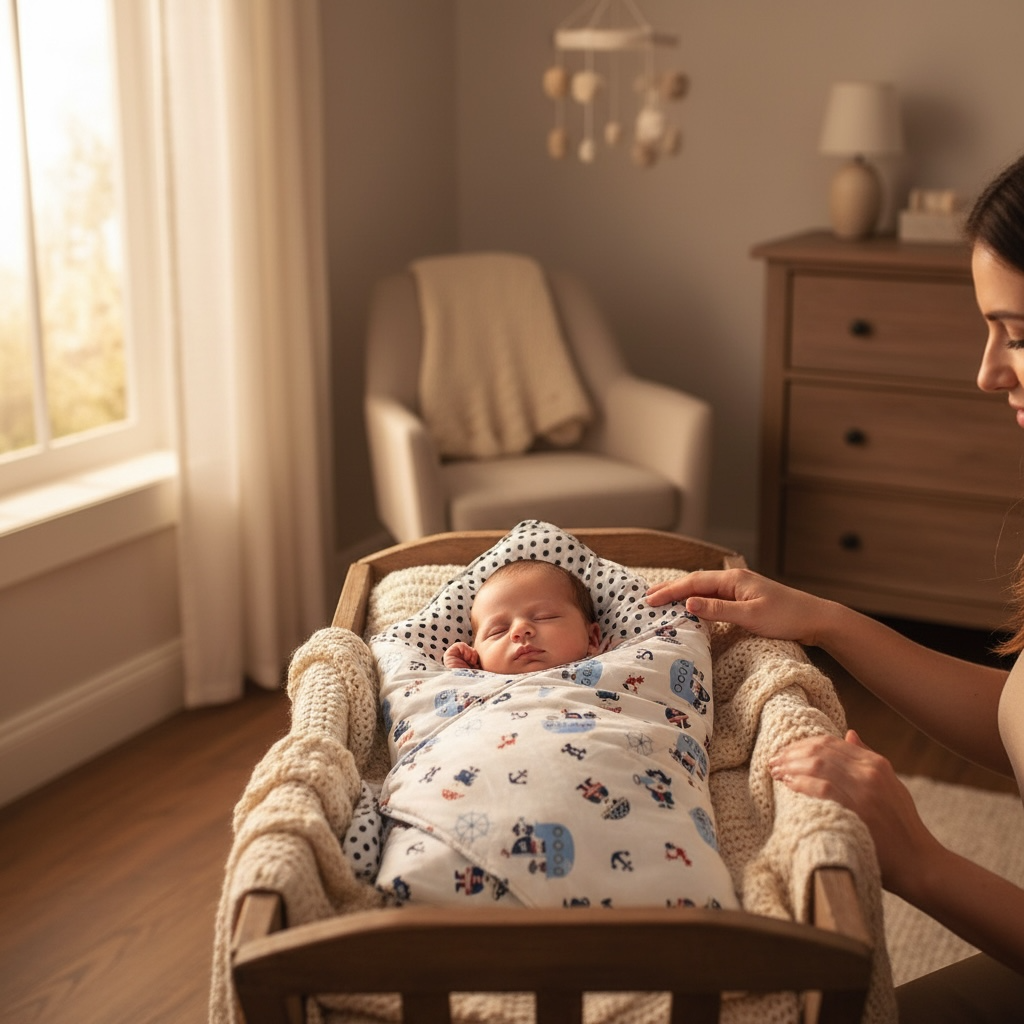 Baby sleeping peacefully in a cozy crib with soft blankets in a warm nursery setting