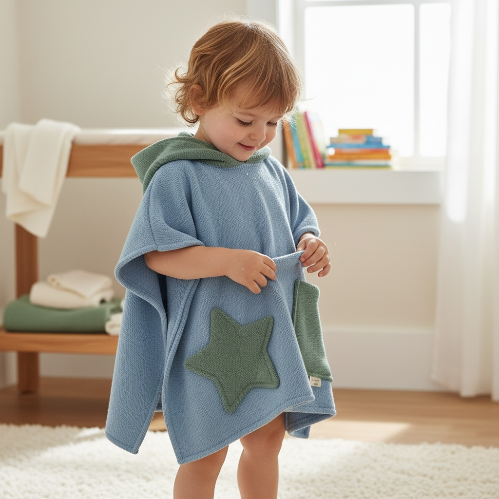 toddler in a blue poncho towel 