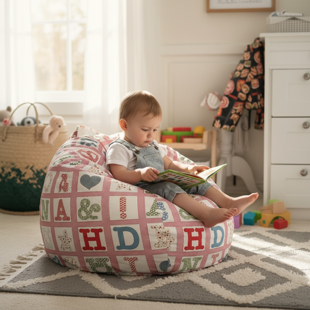 Toddler sitting on alphabet print kids bean bag chair reading in a nursery playroom