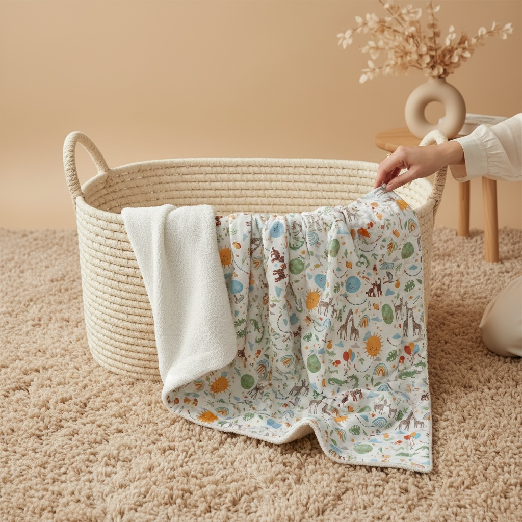 A cream woven basket on a beige carpet, holding a soft blanket with a colorful safari animal print and a folded white towel draped over the side. A person's hand is visible adjusting the blanket, with a neutral beige room background and a small vase in the distance.