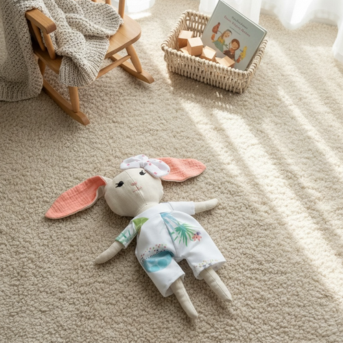 Soft plush bunny doll on neutral nursery carpet with wooden rocking chair and basket in background