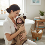 baby wearing a hooded bath towel 
