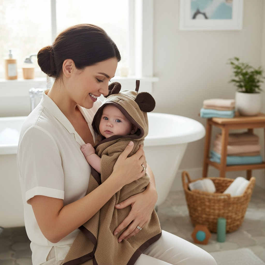 baby wearing a hooded bath towel 