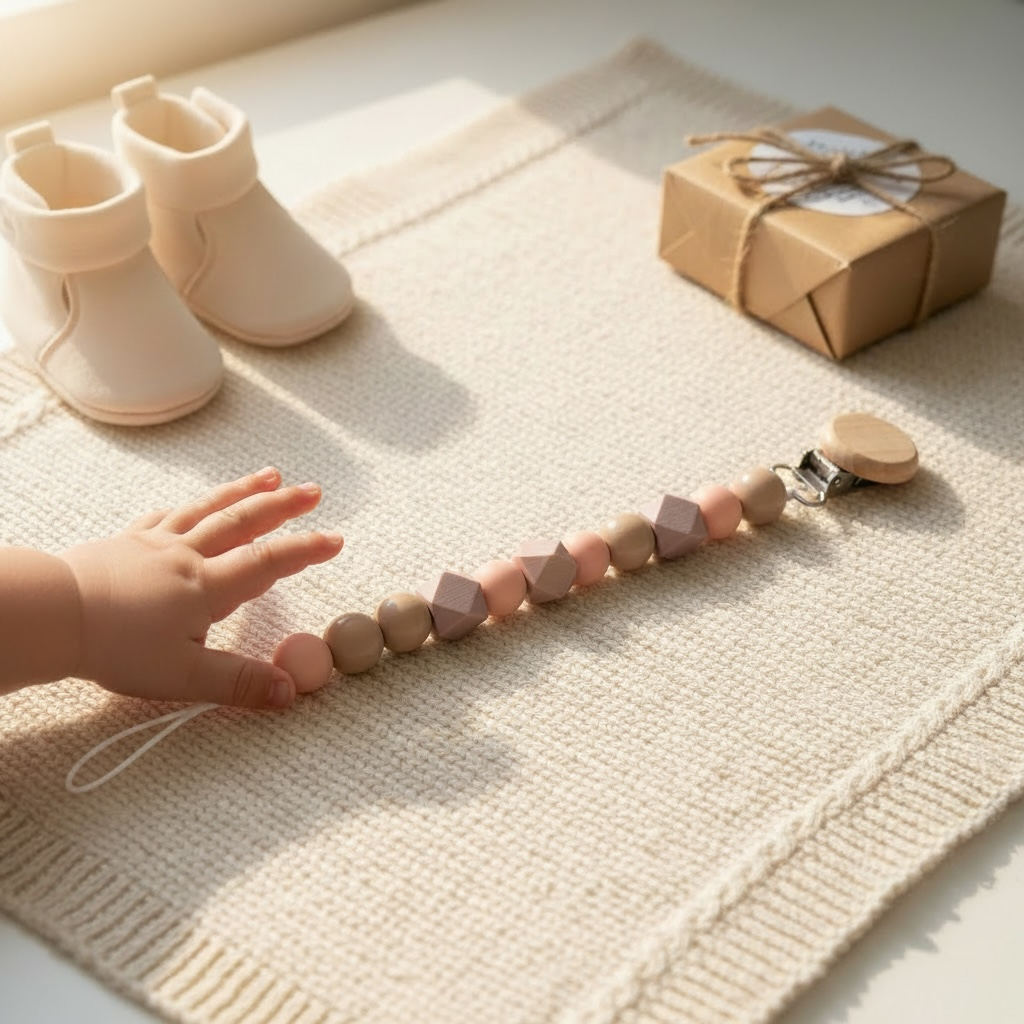 A wooden baby pacifier clip with pastel pink, beige, and brown geometric beads, shown on a cream knit blanket next to a baby bootie and a wrapped gift box.