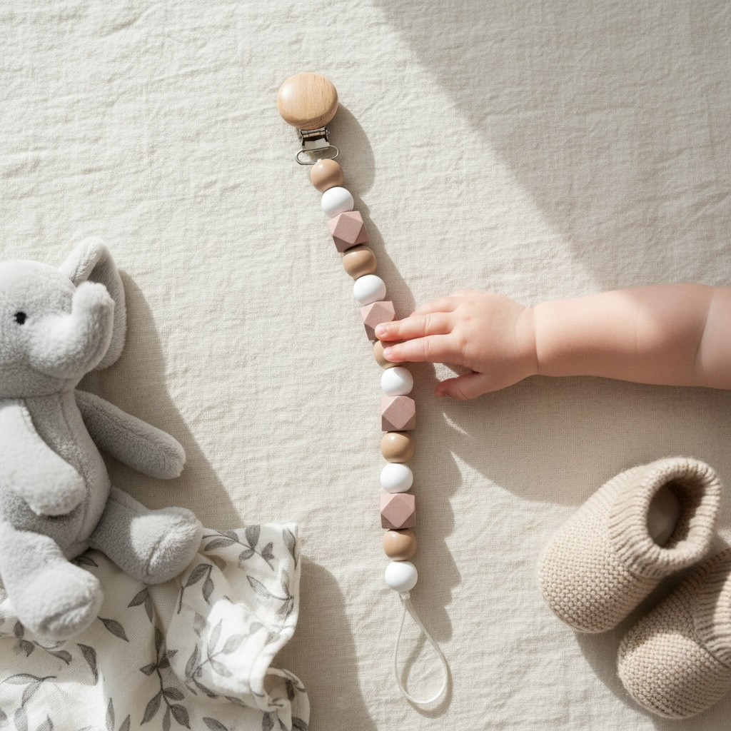 A baby pacifier clip with wooden and pastel silicone beads is held by a baby's hand on a beige linen surface, styled with a gray plush elephant toy and beige knit booties.