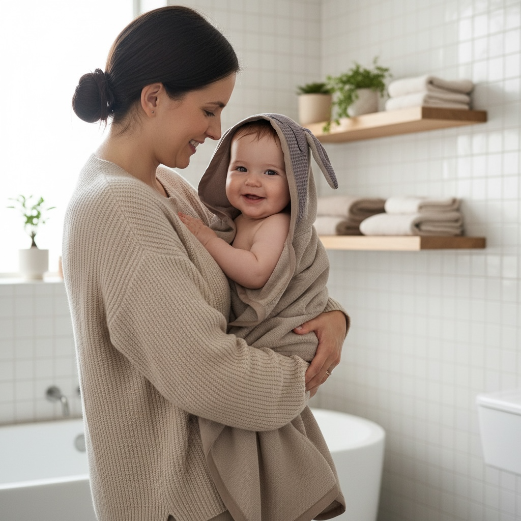 baby in a hooded bunny towel 