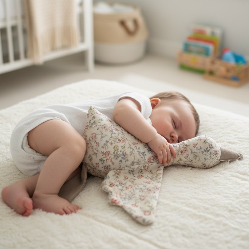 Sleeping baby with a waddles the goose snuggle companion in floral print 
