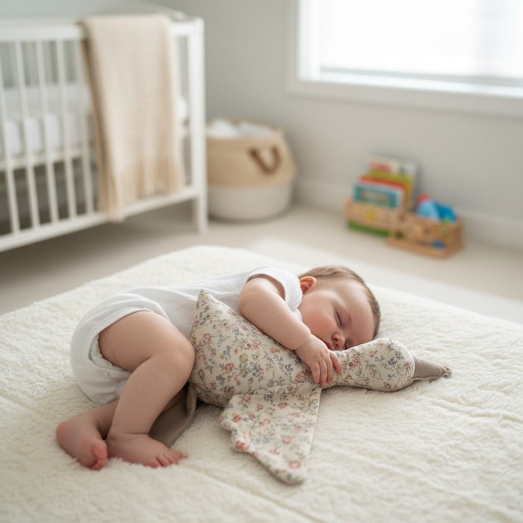sleeping baby with a floral waddles the goose snuggle companion 