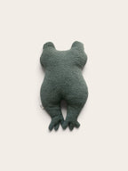 A dark green plush frog toy or cushion with textured fabric, shown from the back against a plain off-white background.