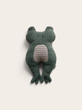 A dark green plush frog toy with a textured light beige belly, photographed against a solid off-white background.