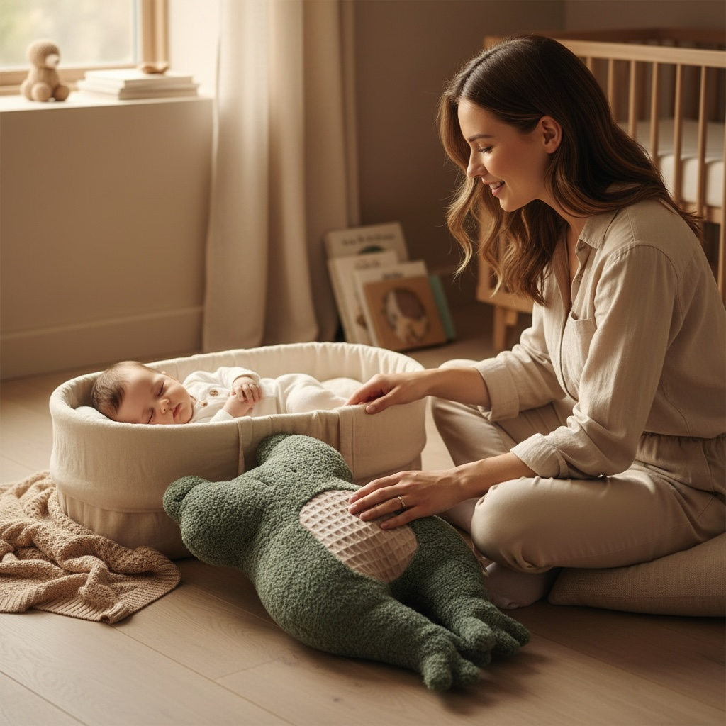 A woman kneels beside a baby in a bassinet on a wooden floor, holding a large green frog plush toy with a beige belly patch in a softly lit nursery.