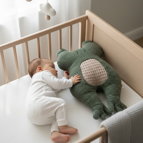 A baby in a white onesie lies on a white mattress inside a light wood crib, touching a large green plush frog toy with a beige belly patch.