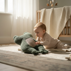 A baby in a beige onesie lies on a rug in a softly lit nursery, touching a green plush stuffed frog. A wooden crib with a cream blanket is visible in the background.