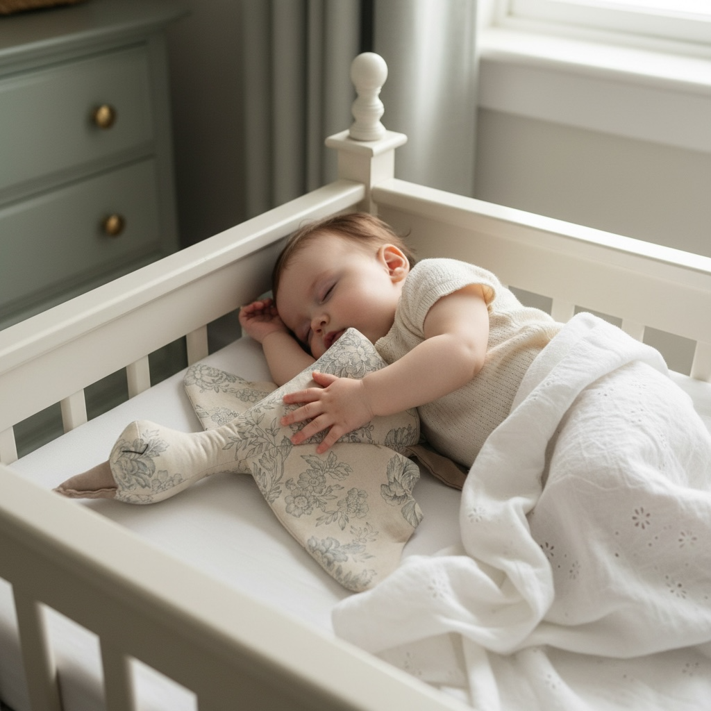 baby sleeping with a waddles the goose snuggle companion 
