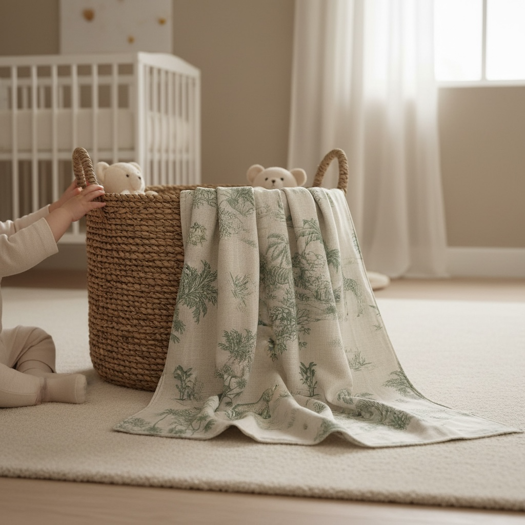 A soft cream-colored baby blanket with a green toile de Jouy pattern is draped over a woven wicker basket containing two small white teddy bears, set in a softly lit nursery.