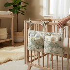A fabric baby crib organizer with green safari toile de Jouy patterns hangs from the bars of a light wood crib. The organizer contains two bottles and several diapers, and a hand is visible holding the crib bar in a softly lit nursery.