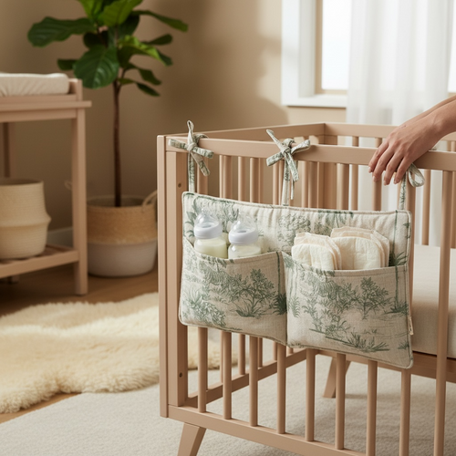 A fabric baby crib organizer with green safari toile de Jouy patterns hangs from the bars of a light wood crib. The organizer contains two bottles and several diapers, and a hand is visible holding the crib bar in a softly lit nursery.