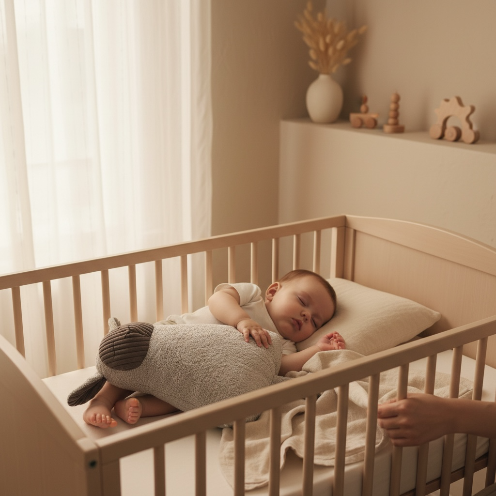 baby sleeping in a cot with a white lamb snuggle companion, with a taupe face 