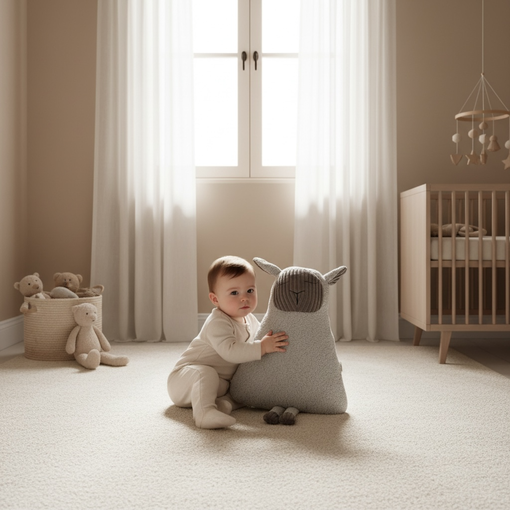 A baby in a cream onesie sits on a carpeted floor in a softly lit nursery, holding a large white plush sheep toy. 