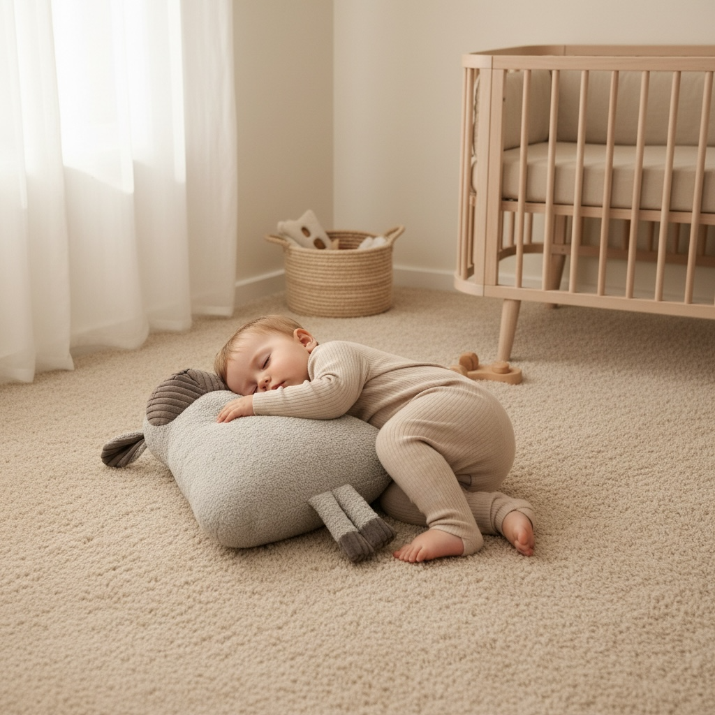 A baby in a beige onesie sleeping soundly on a gray sheep-shaped plush cushion on a beige carpeted floor in a nursery, with a wooden crib and a wicker basket in the background.