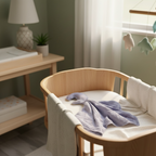 Muslin baby comforter blanket in dusty blue in crib in nursery