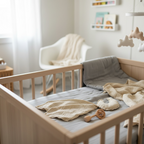 Muslin baby comforter blanket in neutral beige on wooden crib
