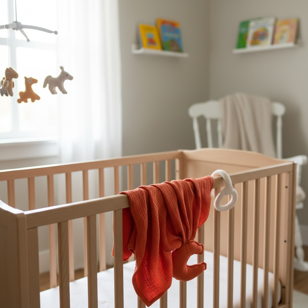 Muslin baby comforter blanket in rust brown draped over wooden crib in nursery