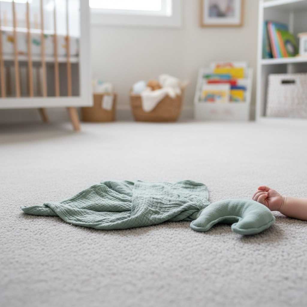 Muslin baby comforter blanket in sage green in baby nursery