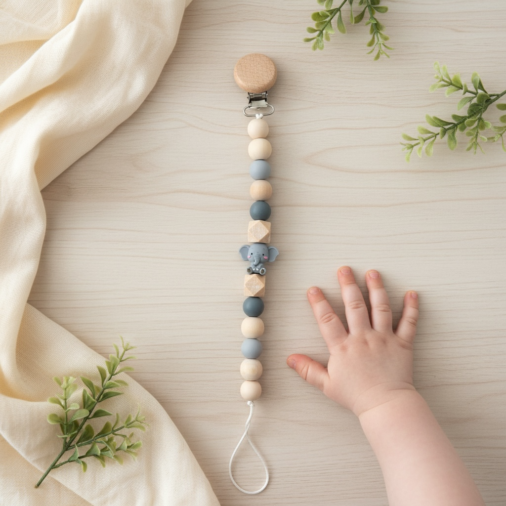 Natural and grey elephant silicone dummy clip 
