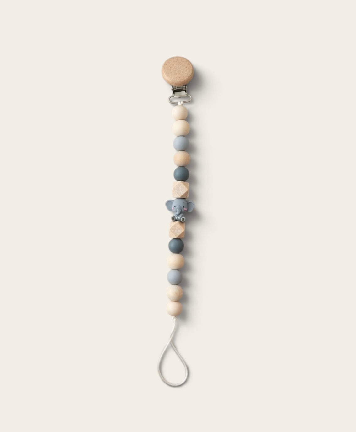 Natural wood and grey silicone elephant dummy clip 
