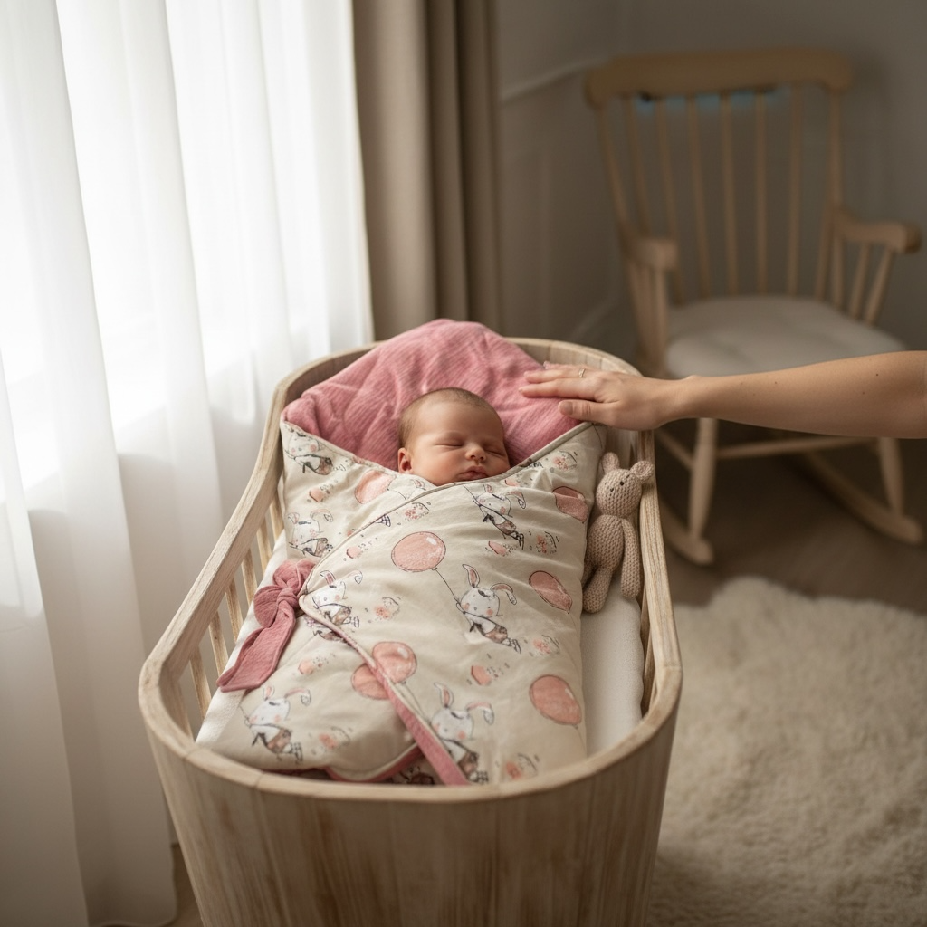 Newborn baby swaddled in soft bunny print blanket in wooden bassinet, cozy nursery setting