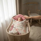 Newborn baby swaddled in soft bunny print blanket in wooden bassinet, cozy nursery setting