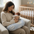Ergonomic nursing pillow supporting baby during breastfeeding in a neutral nursery setting