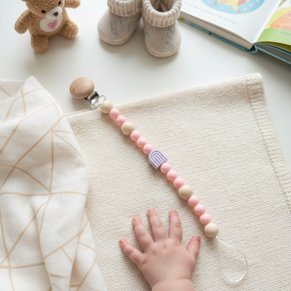 A baby pacifier clip with pastel pink and cream wooden beads and a purple silicone teething ring, shown on a textured cream blanket with a baby's hand resting on it. A plush teddy bear, knit booties, and an open book are visible in the background.