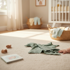 Sage green muslin star baby comforter used as a soft security blanket in a neutral nursery