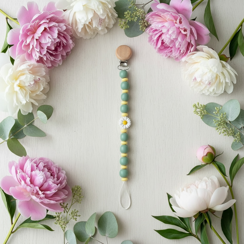 sage and yellow silicone and wood dummy clip 