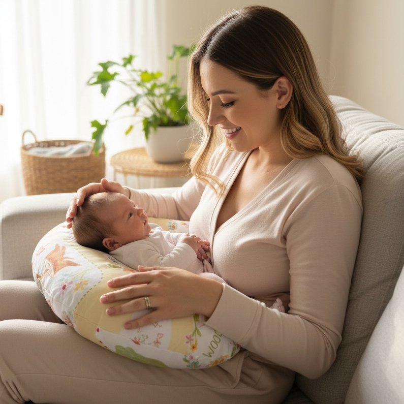 Ergonomic nursing pillow supporting newborn during breastfeeding on a sofa, providing hands-free comfort for mom