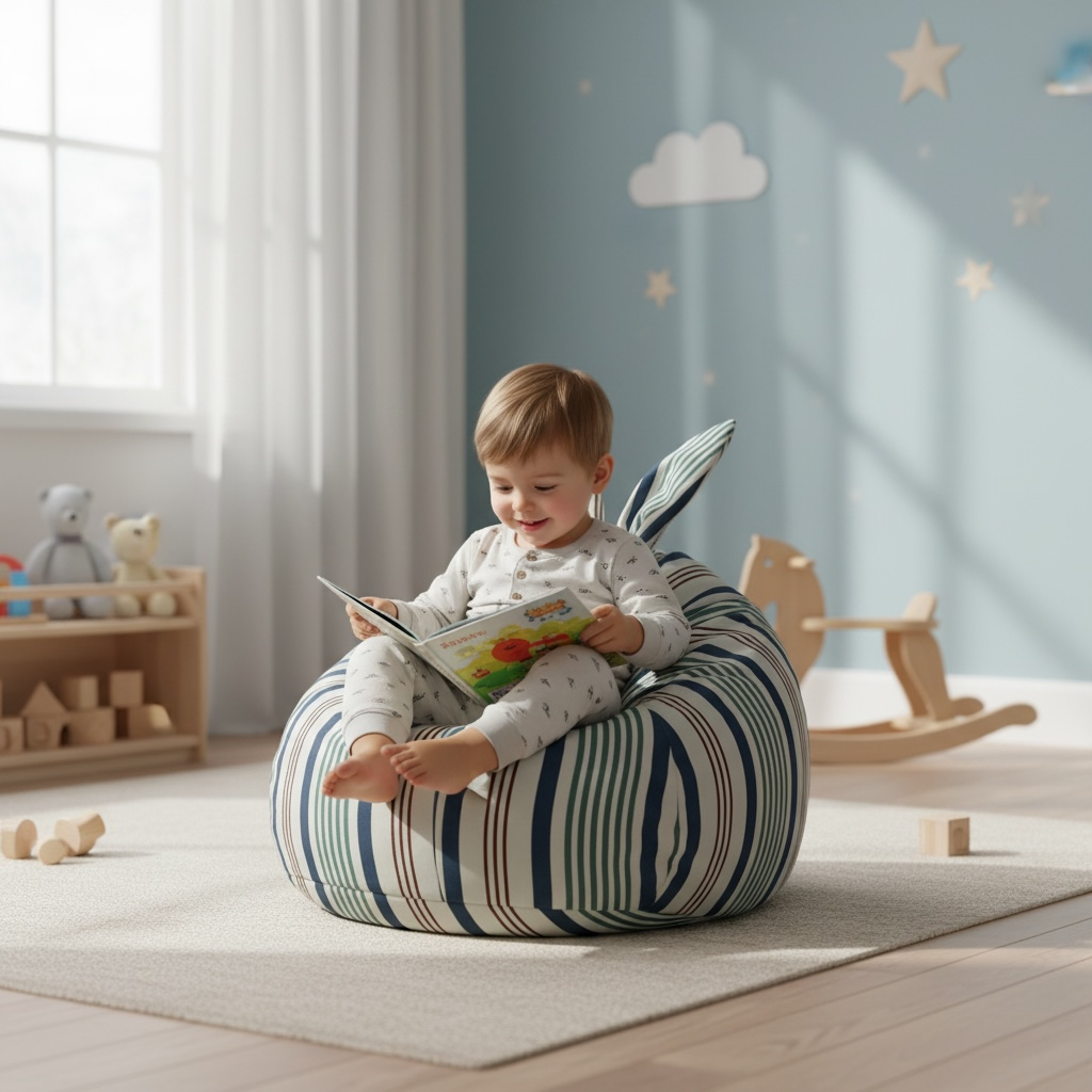Toddler sitting on striped kids bean bag chair reading in a bright nursery playroom