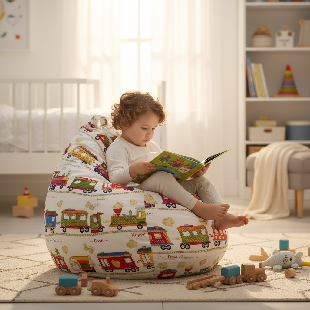 Toddler sitting on train print kids bean bag chair reading a book in a cozy nursery
