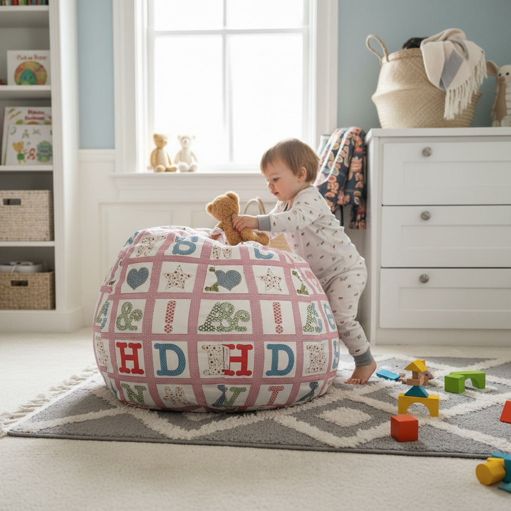 Toddler playing with alphabet print kids bean bag chair in nursery playroom