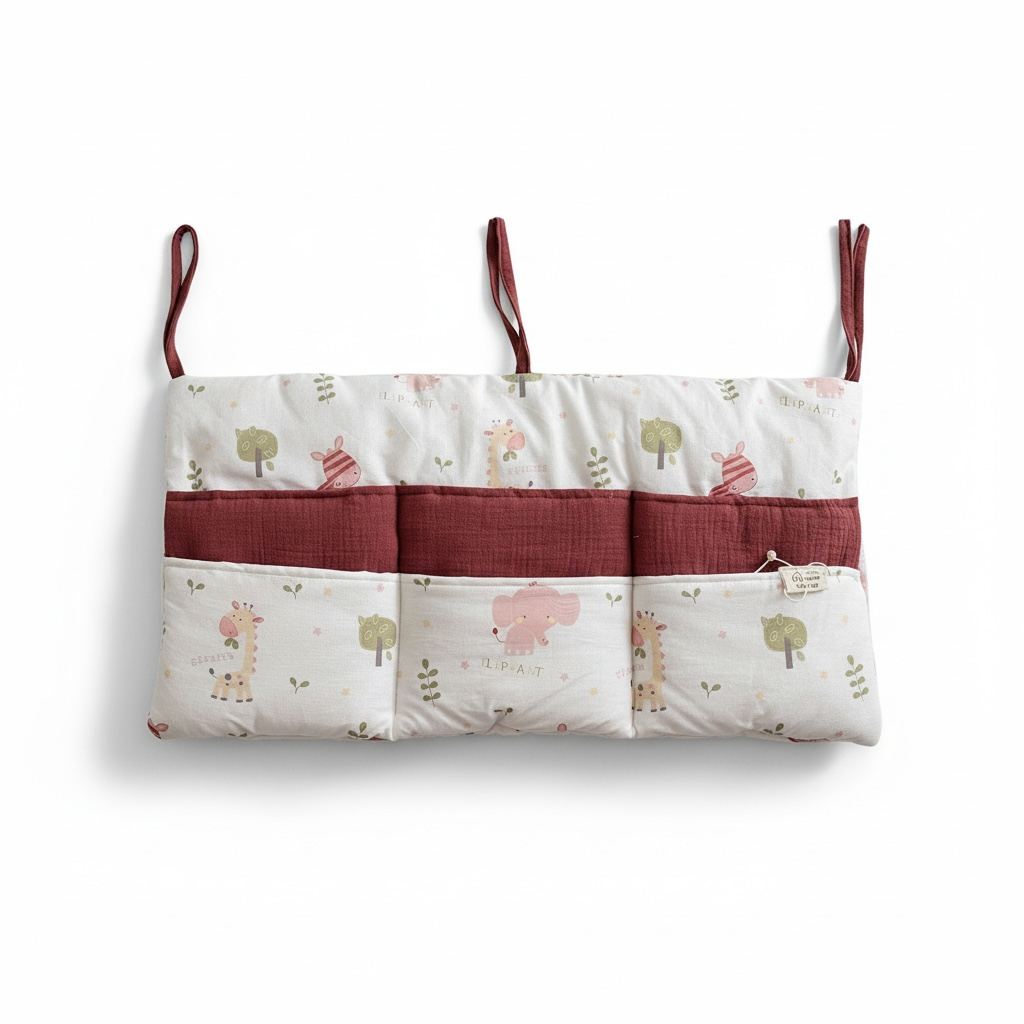 Baby cot organiser with animal print, nursery hanging storage for nappies, wipes and baby essentials