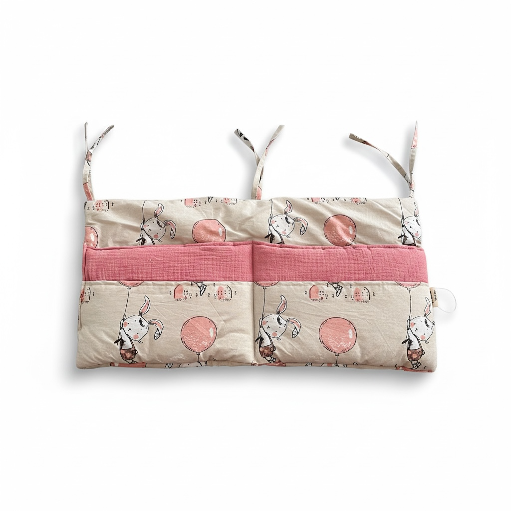 Bunny balloon baby cot organiser, soft cotton nursery storage with multiple pockets