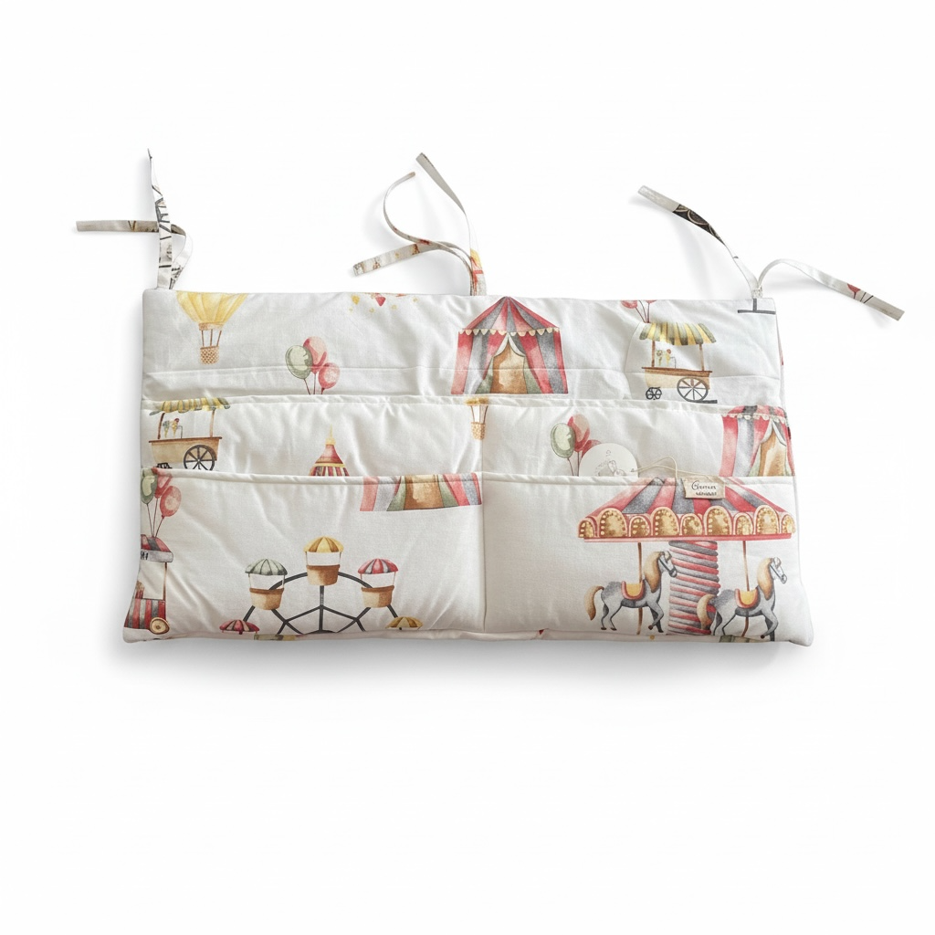 Circus themed baby cot organiser with hanging pockets for nursery storage and baby essentials