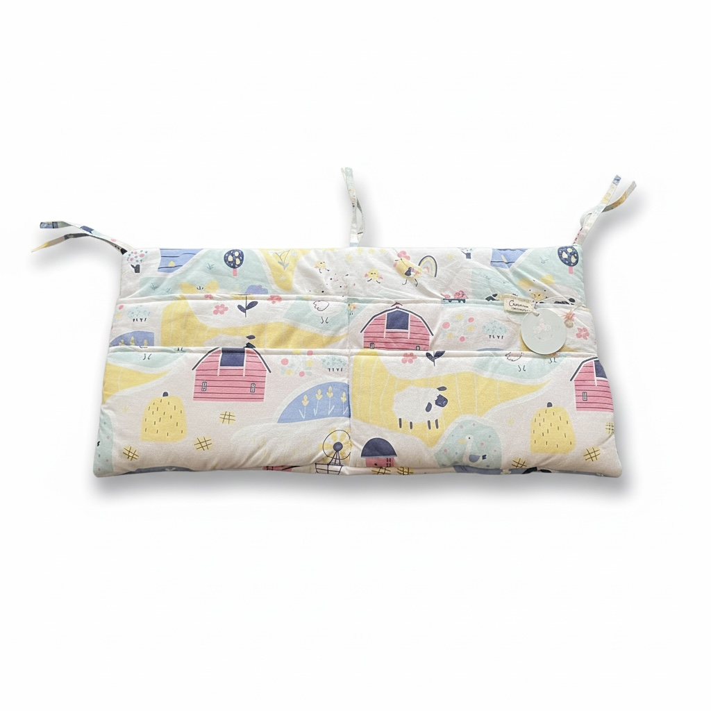 Farmyard baby cot organiser, crib storage pockets for nursery organisation and baby essentials